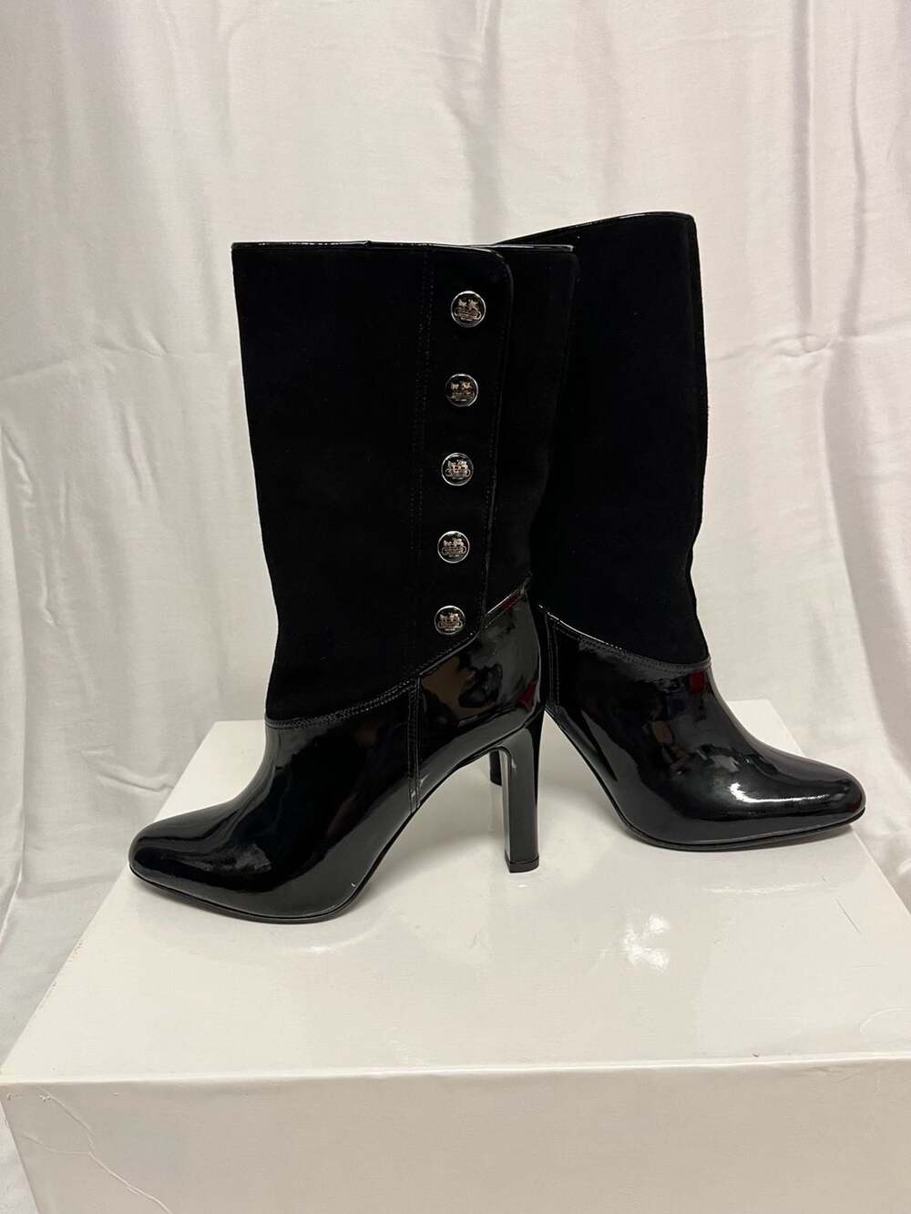 Coach Azalia Black Suede and Patent Leather Button Stiletto Mid Calf Boots